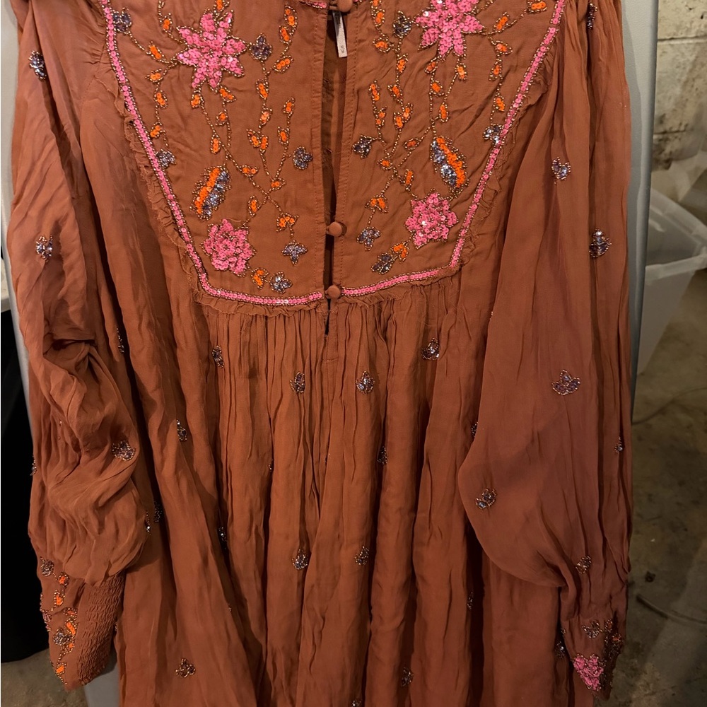 Free People Rust Orange Mini Dress with Pink Embroidery